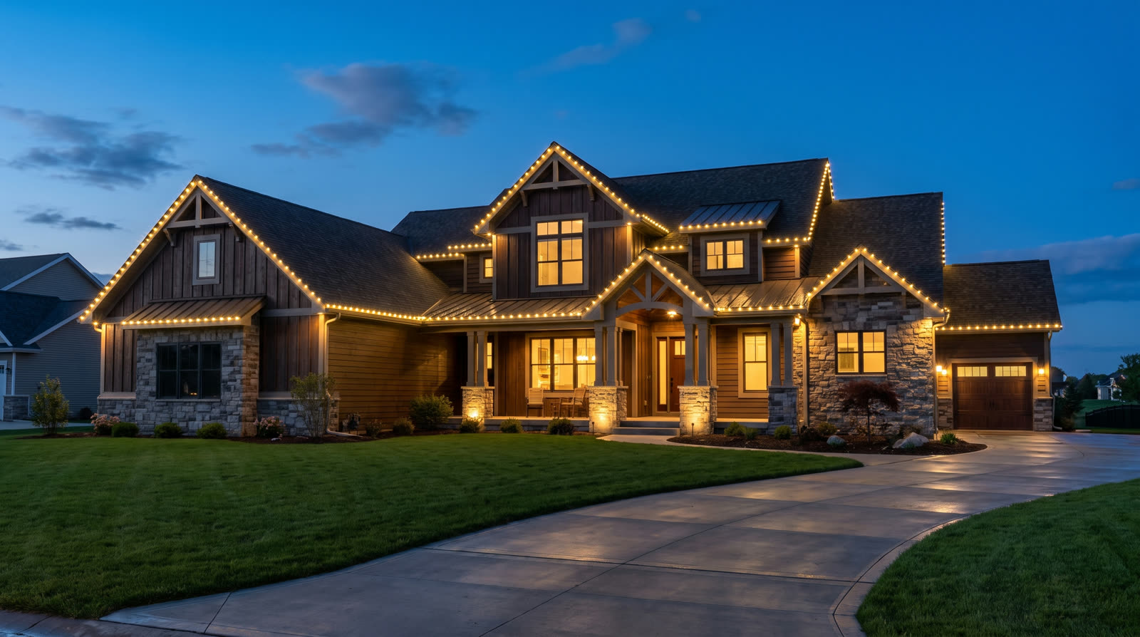 Two-story home at dusk glowing with warm white permanent roofline lighting